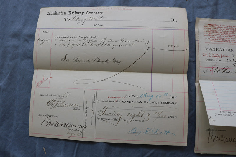 1881 AUG & SEP MANHATTAN RAILWAY COMPANY VOUCHERS - APPROXIMATELY 100 - O 3886