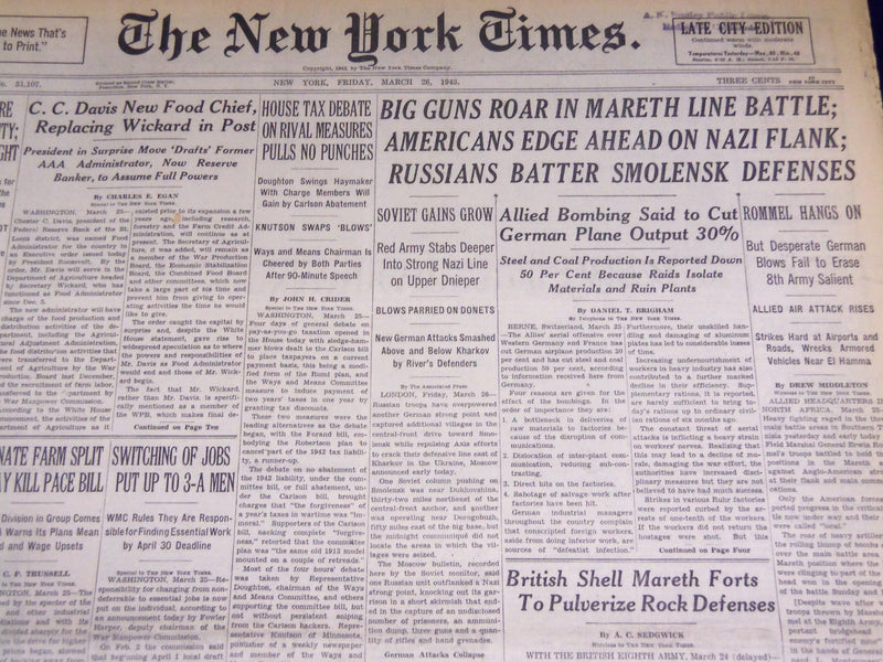 1943 MARCH 26 NEW YORK TIMES - AMERICANS EDGE AHEAD ON NAZI FLANK - NT 1879