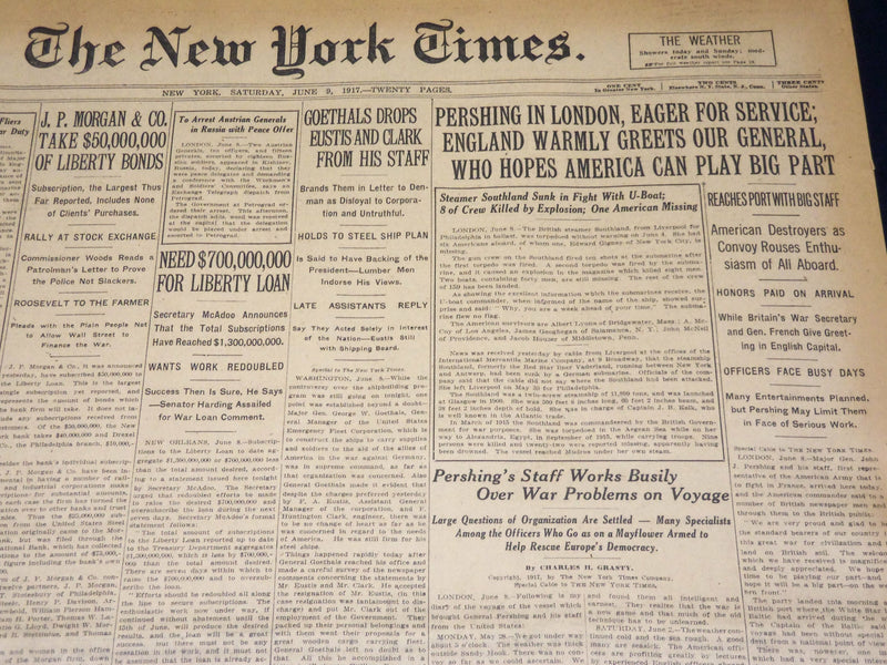 1917 JUNE 9 NEW YORK TIMES - PERSHING IN LONDON, EAGER FOR SERVICE - NT 7790