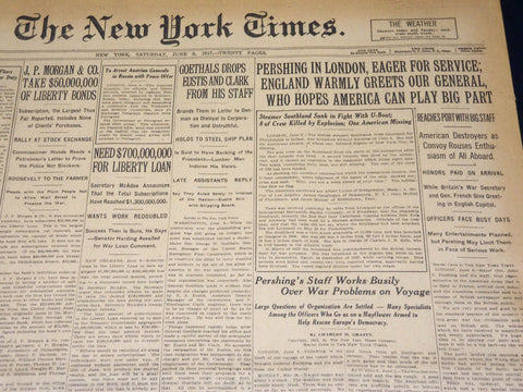 1917 JUNE 9 NEW YORK TIMES - PERSHING IN LONDON, EAGER FOR SERVICE - NT 7790