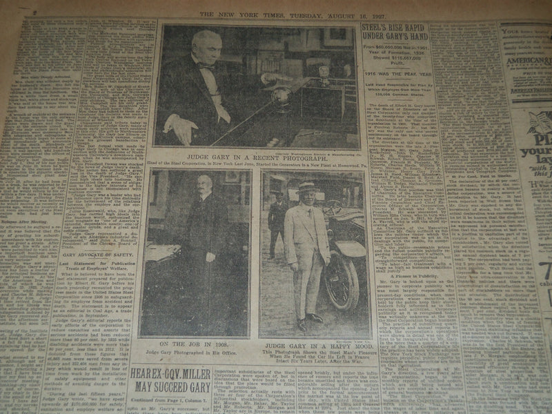 1927 AUGUST 16 NEW YORK TIMES - JUDGE GARY U. S. STEEL HEAD DIES AT 80 - NT 7525