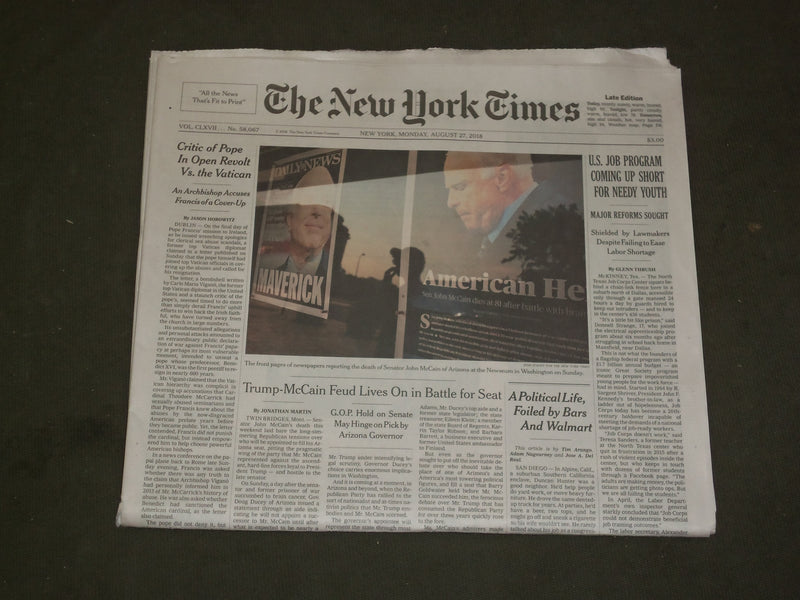 2018 AUGUST 27 NEW YORK TIMES -TRUMP-MCCAIN FEUD LIVES ON IN BATTLE FOR HIS SEAT
