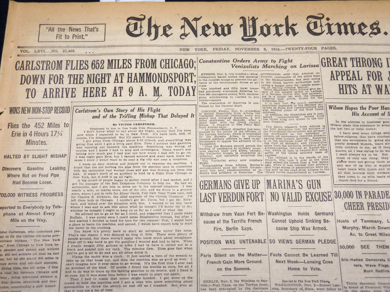 1916 NOVEMBER 3 NEW YORK TIMES - CARLSTROM FLIES 652 MILES FROM CHICAGO- NT 7682