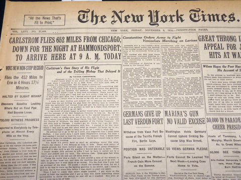 1916 NOVEMBER 3 NEW YORK TIMES - CARLSTROM FLIES 652 MILES FROM CHICAGO- NT 7682