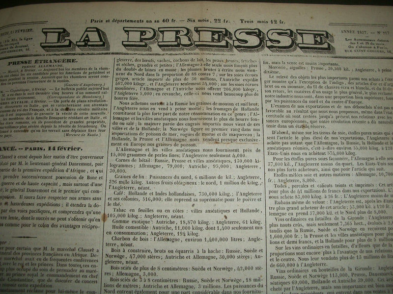 1837 JANUARY-JUNE LA PRESSE FRENCH NEWSPAPER BOUND VOLUME - SCIENCE - KD 1279I