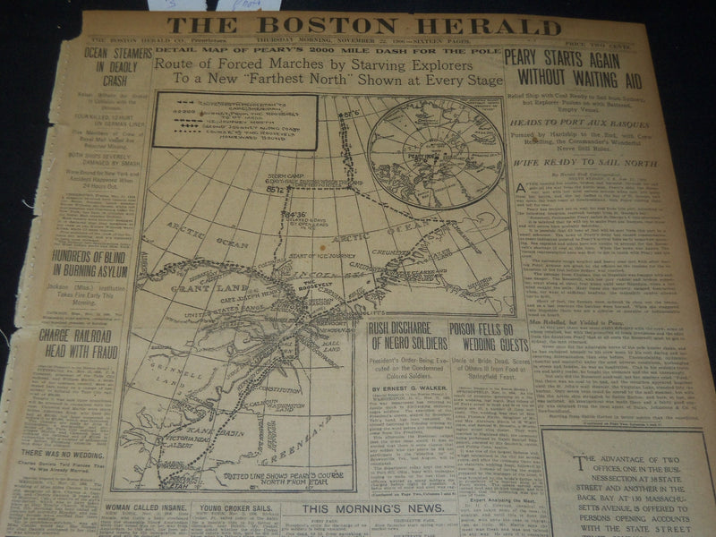 1906 NOVEMBER 22 THE BOSTON HERALD - DETAIL MAP OF PEARY'S 2000 DASH - BH 129