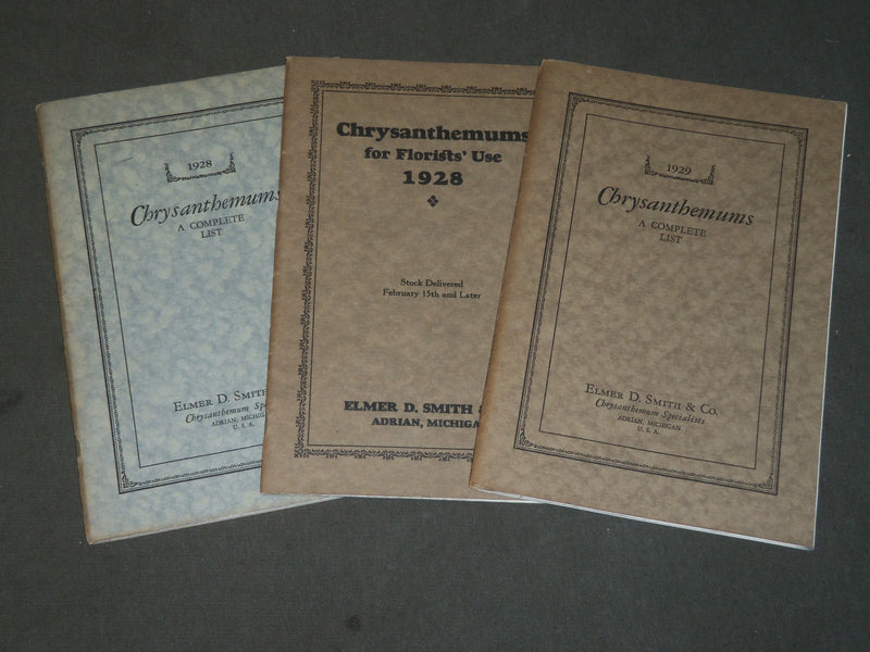 1928-1929 ELMER D. SMITH & CO. CHRYSANTHEMUMS FLORISTS' CATALOG LOT OF 3- O 1608