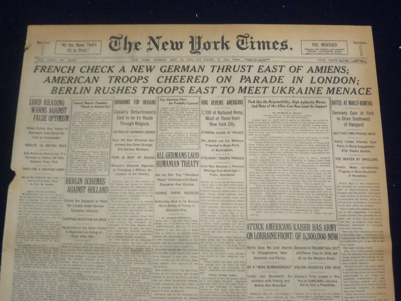 1918 MAY 12 NEW YORK TIMES - AMERICAN TROOPS CHEERED IN LONDON - NT 8179