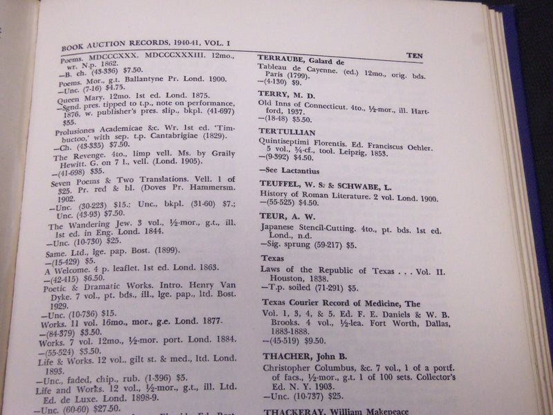 1941 UNITED STATES CUMULATIVE BOOK AUCTION RECORDS - KD 2099K