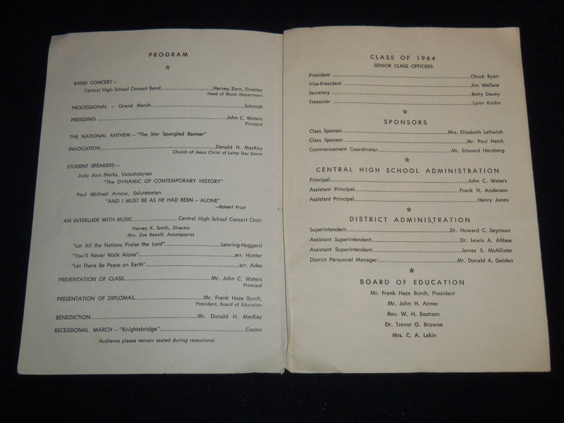 1964 CENTRAL HIGH SCHOOL COMMENCEMENT 6TH ANNUAL PROGRAM - J 9049