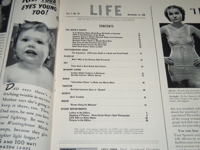 1939 NOVEMBER 13 LIFE MAGAZINE - CLAUDETTE COLBERT COVER - L 156