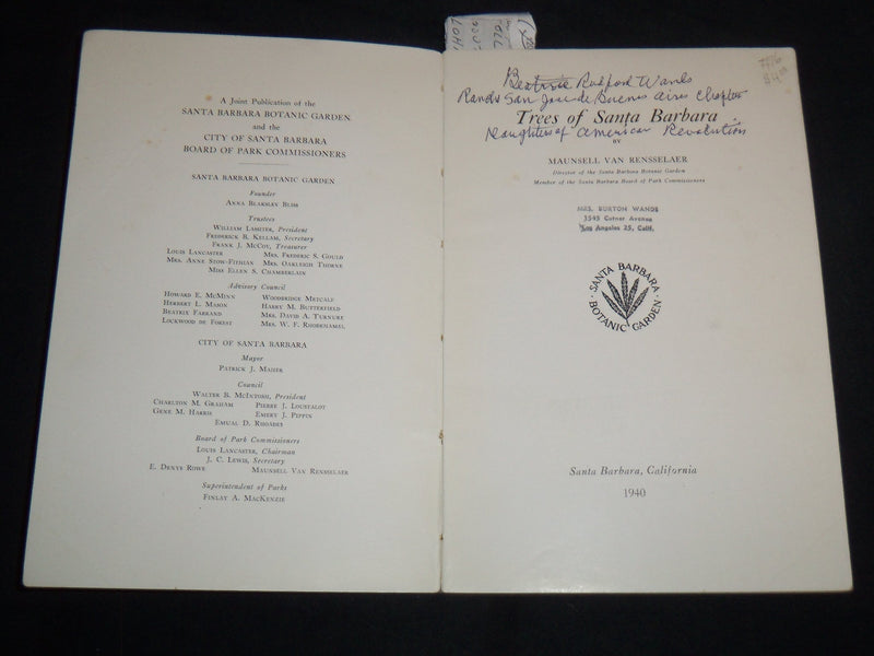 1940 TREES OF SANTA BARBARA DESCRIBED AND LOCATED BOOK BY RENSSELAER - J 8747