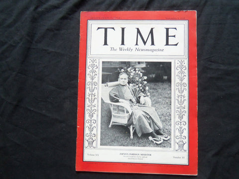 1932 SEPTEMBER 5 TIME MAGAZINE - JAPAN'S FOREIGN MINISTER YASUYA UCHIDA - T 335
