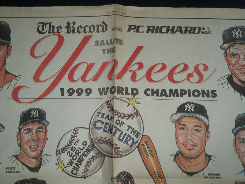 1999 NOV 7 BERGEN RECORD NEWSPAPER - NY YANKEES WORLD CHAMPIONS POSTER - NP 3795