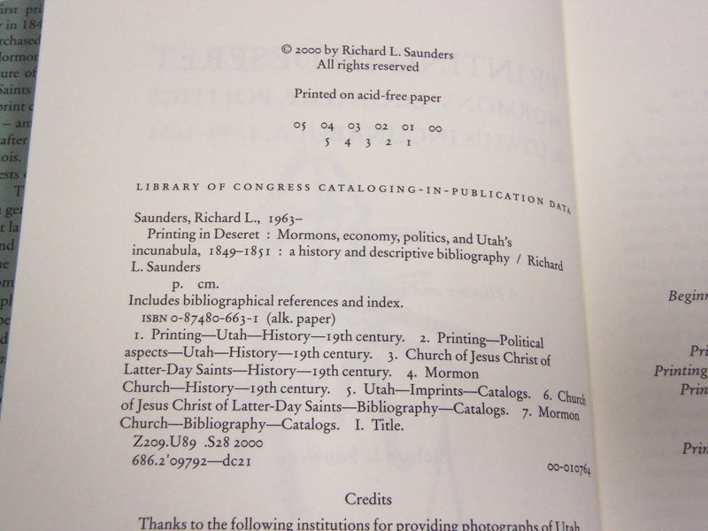 2000 PRINTING IN DESERET BY RICHARD L. SAUNDERS AUTOGRAPHED BOOK - KD 2971