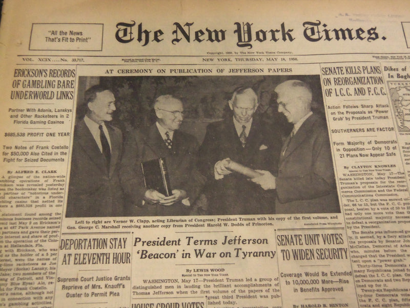 1950 MAY 18 NEW YORK TIMES - PUBLICATION CEREMONY FOR JEFFERSON PAPERS - NT 4645