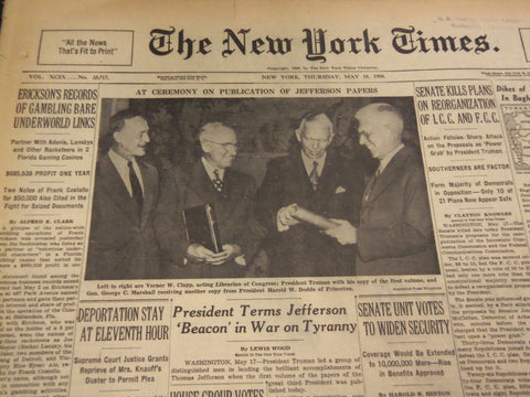 1950 MAY 18 NEW YORK TIMES - PUBLICATION CEREMONY FOR JEFFERSON PAPERS - NT 4645