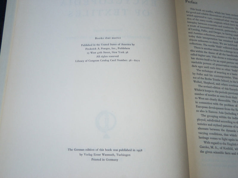 1958 ENCYCLOPEDIA OF TEXTILES BOOK BY RENATE JAQUES & ERNST FLEMMING - D 336