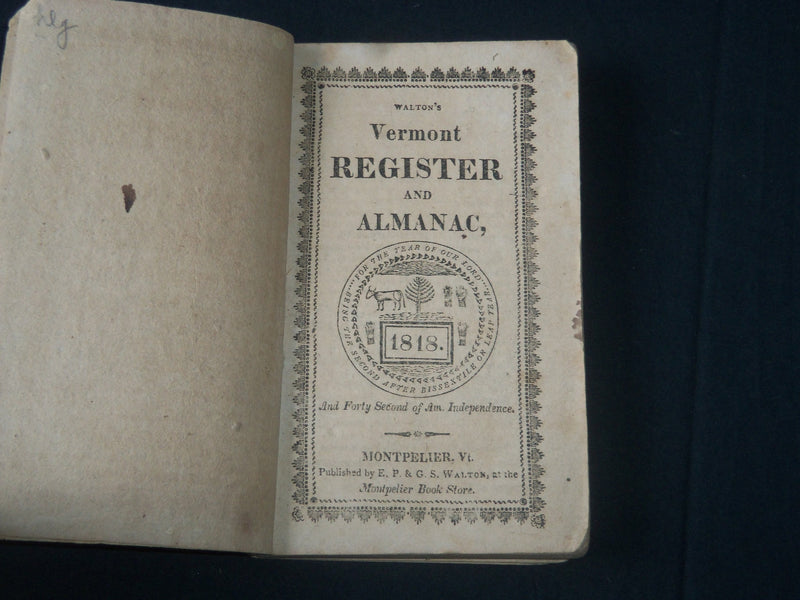 1818 WALTON'S VERMONT REGISTER AND ALMANAC NO. 1 - SOFTCOVER - J 3918