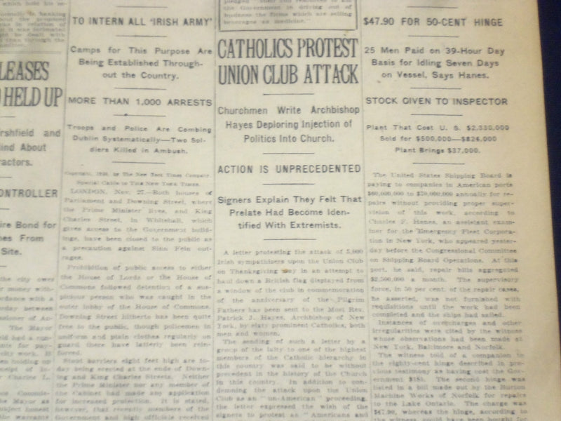 1920 NOVEMBER 28 NEW YORK TIMES - CATHOLICS PROTEST UNION CLUB ATTACK - NT 8458