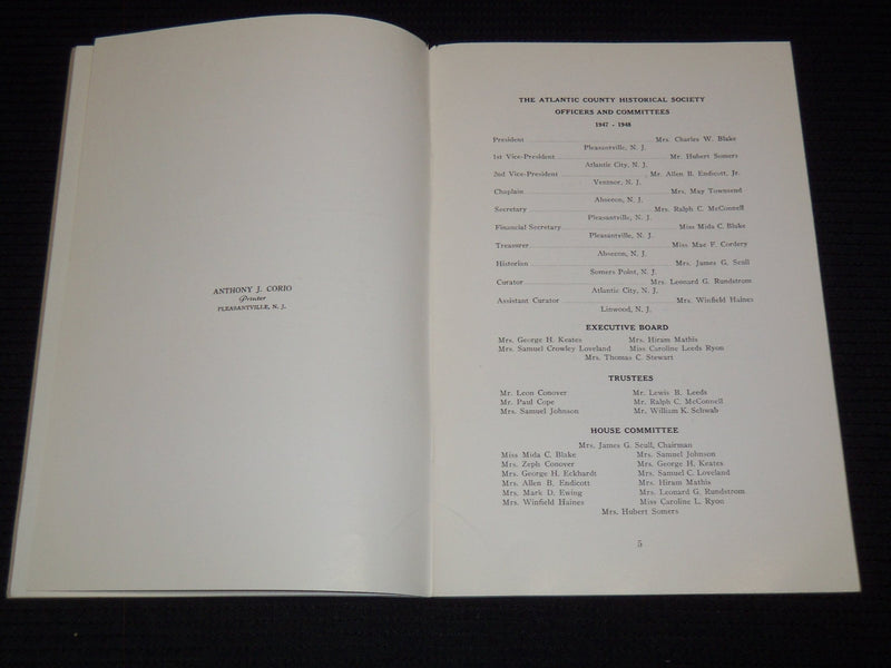 1948 OCTOBER ATLANTIC COUNTY HISTORICAL SOCIETY YEARBOOK VOLUME 1 - J 7500