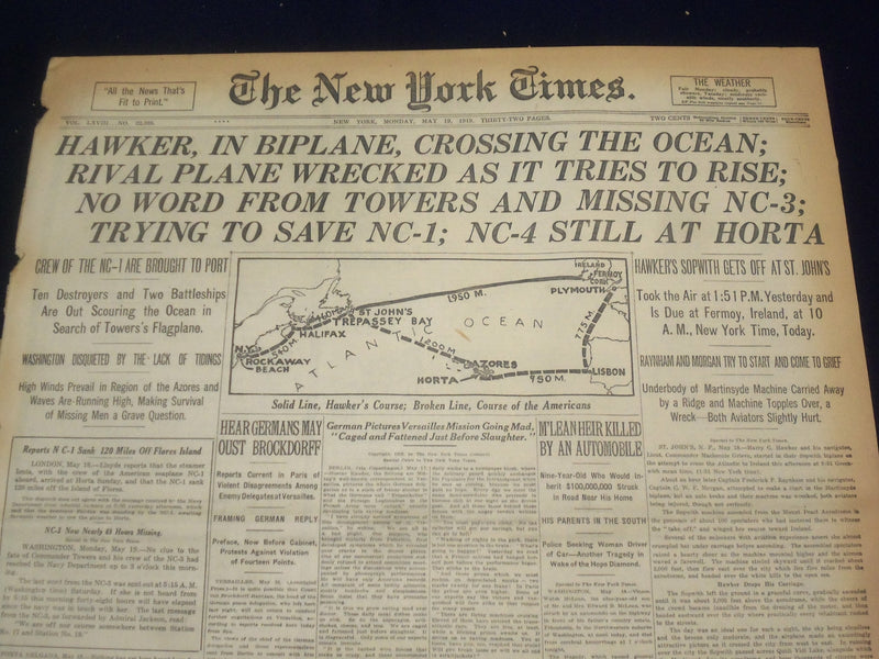 1919 MAY 19 NEW YORK TIMES - HAWKER IN BIPLANCE CROSSING THE OCEAN - NT 9252