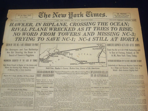 1919 MAY 19 NEW YORK TIMES - HAWKER IN BIPLANCE CROSSING THE OCEAN - NT 9252
