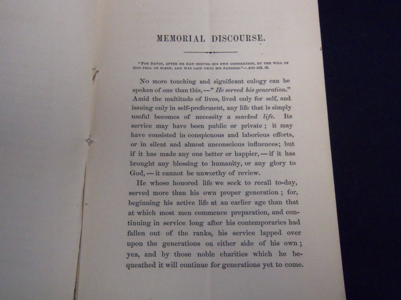 1869 MEMORIAL DISCOURSE LIFE AND CHARACTER BOOK BY HON. RICHARD FLETCHER- J 8870