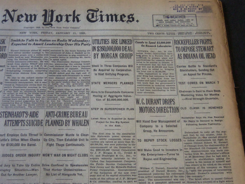 1929 JAN 11 NEW YORK TIMES - ROCKEFELLER FIGHTS STEWART AS INDIANA OIL - NT 6620