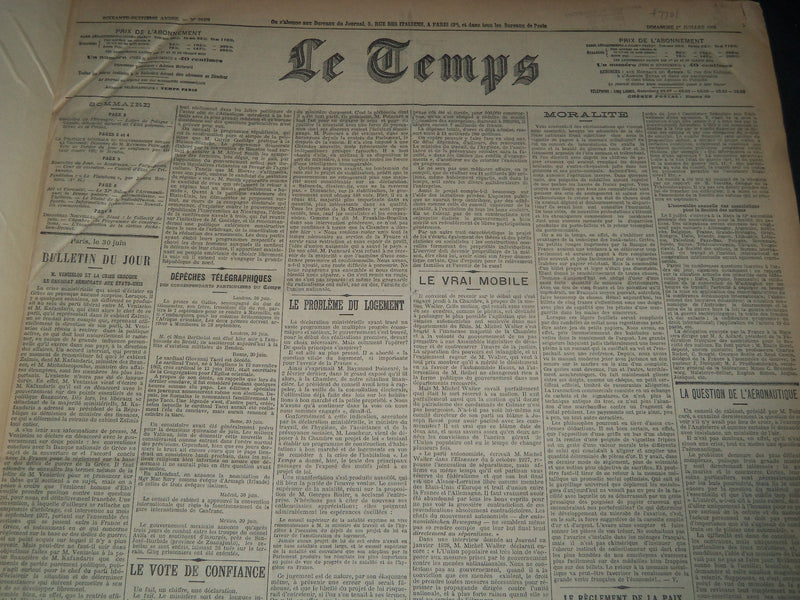 1926 JULY-SEPTEMBER LE TEMPS FRENCH NEWSPAPER BOUND VOLUME - VB 16