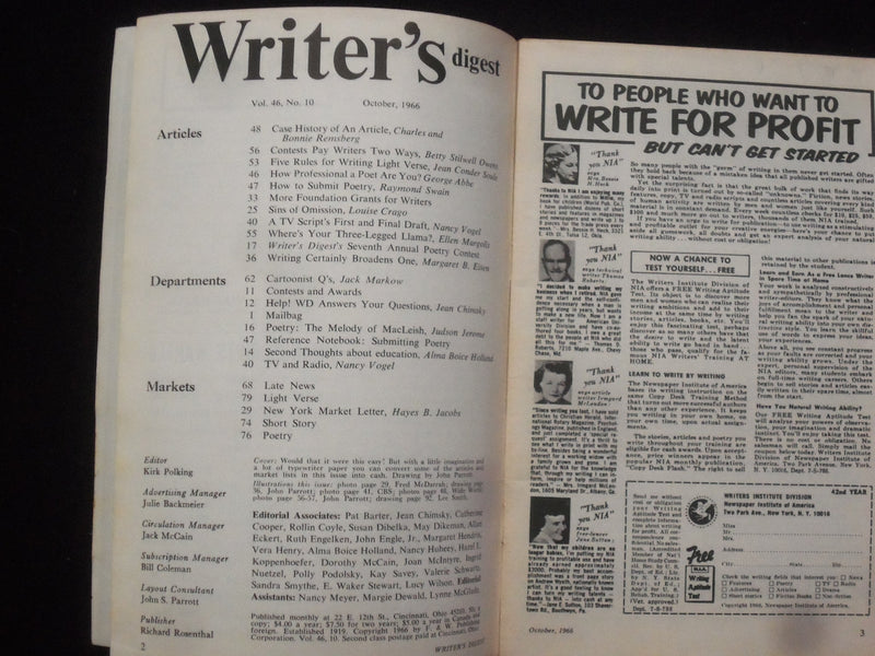 1966 WRITER'S DIGEST MAGAZINE - LOT OF 4 - HELEN GURLEY BROWN - K 109