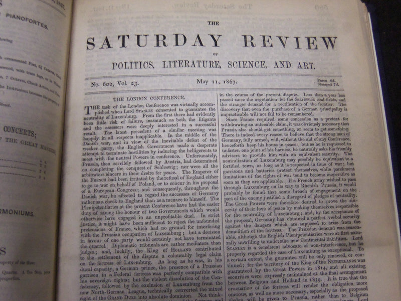 1867 SATURDAY REVIEW 2 BOUND VOLUMES - COMPLETE YR- PUBLISHED IN LONDON - R 1085