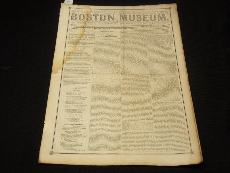 1850 NOVEMBER 30 BOSTON MUSEUM NEWSPAPER -BARNUM'S MANSION - JENNY LIND- NP 9041
