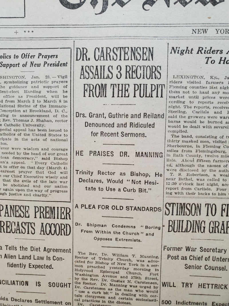 1921 JANUARY 24 NEW YORK TIMES - DR. CARSTENSEN ASSAILS 3 RECTORS - NT 8103