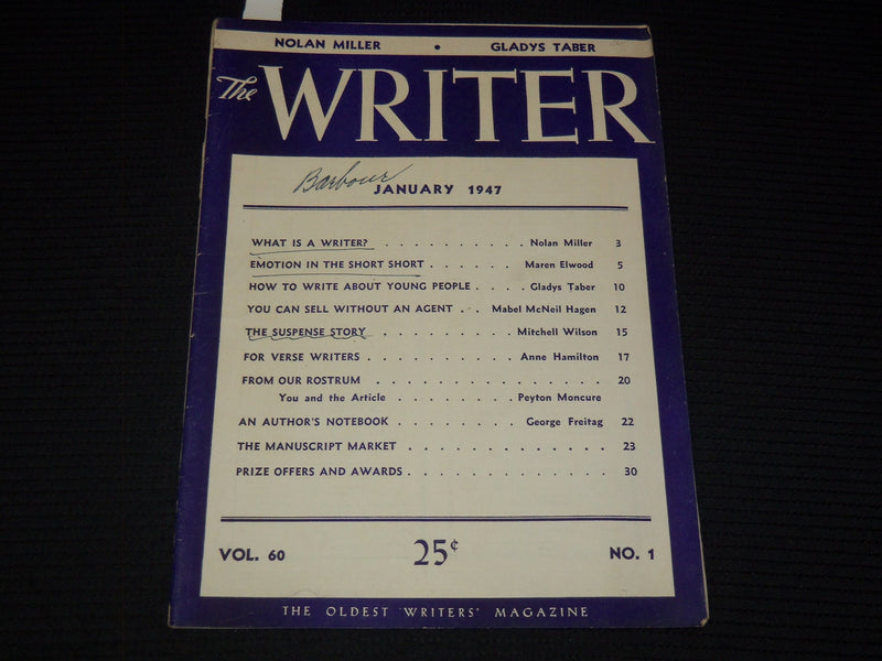 1947 JANUARY THE WRITER MAGAZINE - NOLAN MILLER - GLADYS TABER - K 1039