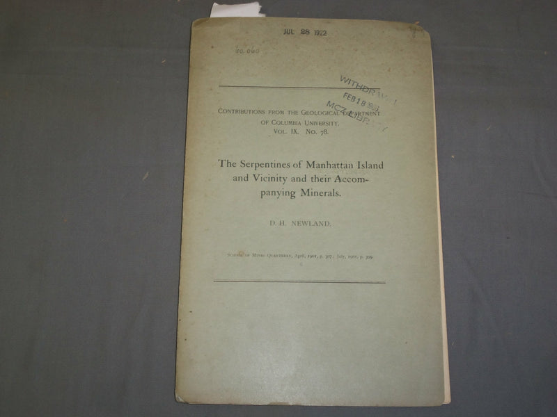 1901 THE SERPENTINES OF MANHATTAN ISLAND AND VACINITY BY D. H. NEWLAND - J 4956