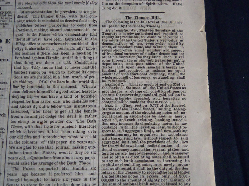 1874 DECEMBER 24 PORTLAND DAILY PRESS NEWSPAPER - THE HAMLIN OPERATIONS- NP 4179