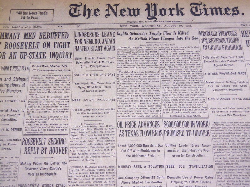 1931 AUGUST 19 NEW YORK TIMES - LINDBERGH'S LEAVE FOR NEMURO JAPAN - NT 2450