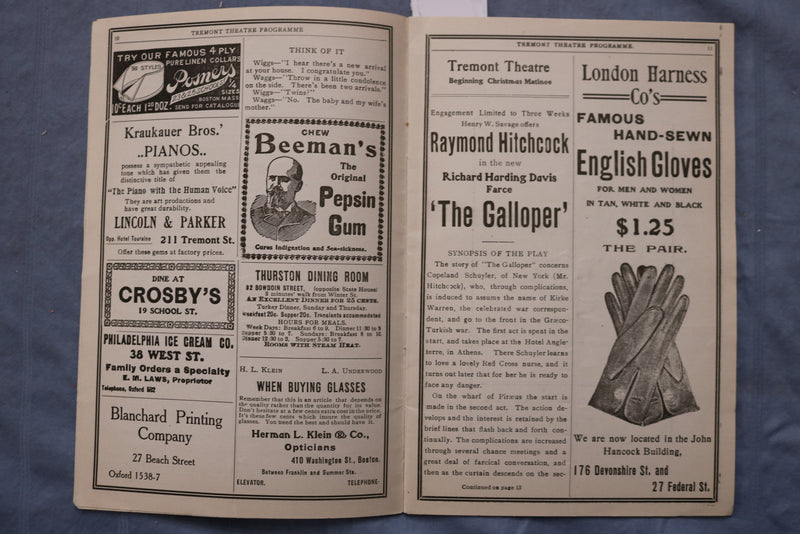 1905 DEC 25 TREMONT THEATRE PROGRAM - THE GALLOPER - RAYMOND HITCHCOCK - K 2611