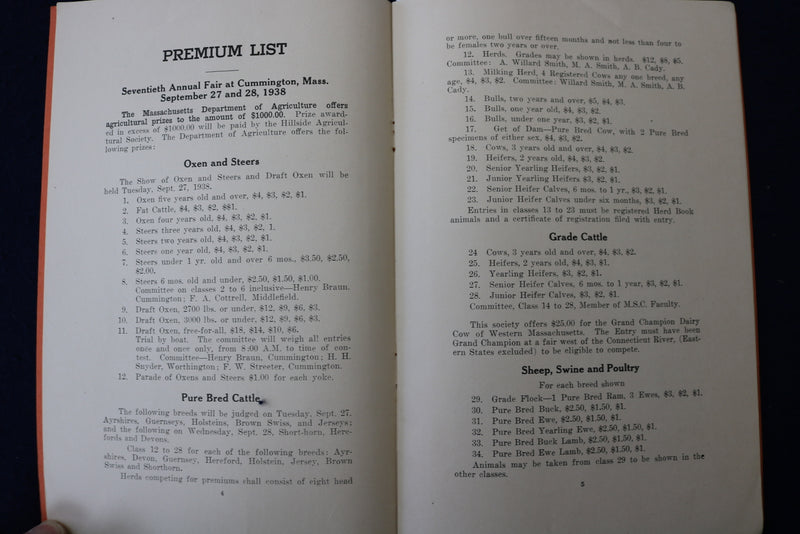 1938 SEP 27-28 HILLSIDE AGRICULTURAL SOCIETY PREMIUM LIST SOFTCOVER BOOK- K 1371
