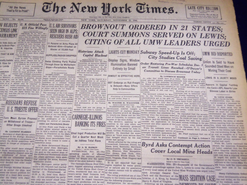 1946 NOVEMBER 23 NEW YORK TIMES - BROWNOUT IN 21 STATES - NT 3167