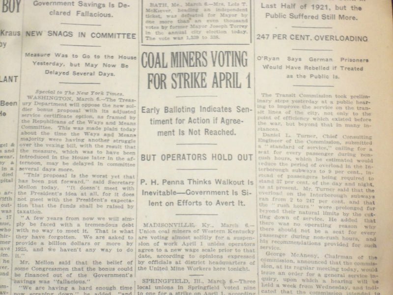 1922 MARCH 7 NEW YORK TIMES - COAL MINERS VOTING FOR STRIKE APRIL 1 - NT 8309