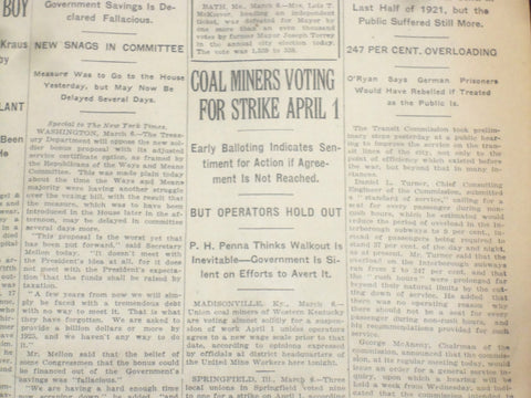 1922 MARCH 7 NEW YORK TIMES - COAL MINERS VOTING FOR STRIKE APRIL 1 - NT 8309
