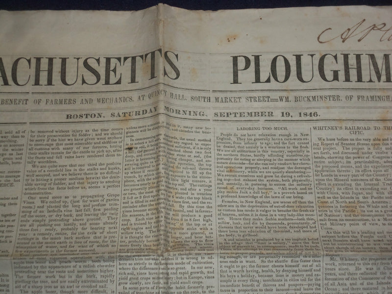 1846 SEPTEMBER 19 MASSACHUSETTS PLOUGHMAN NEWSPAPER - J. G. WHITTIER - NP 5130