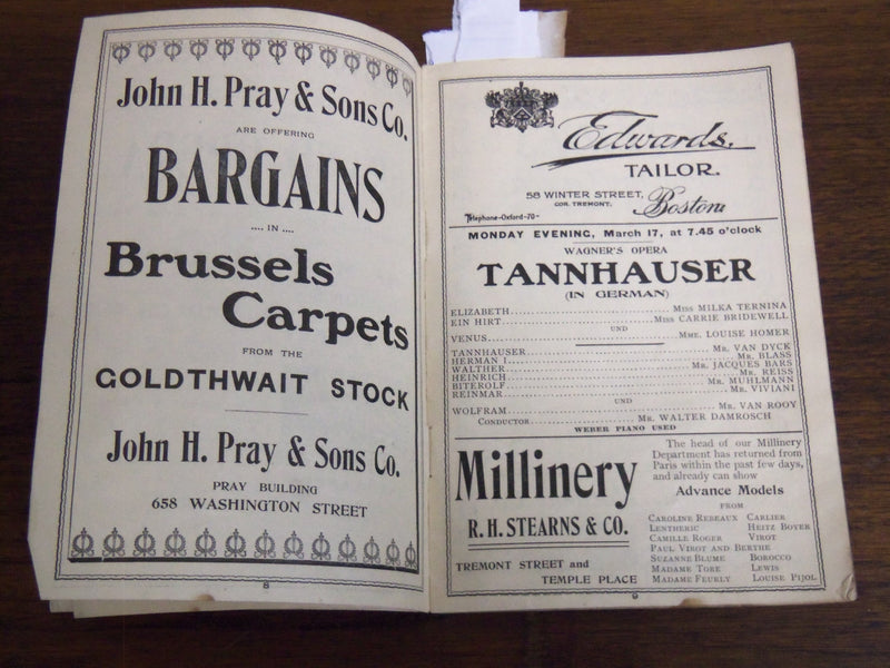 1902 MARCH 10 BOSTON THEATRE OPERA PROGRAM - LAWRENCE MCCARTY - K 1188