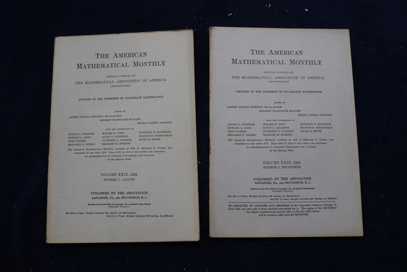 1922 THE AMERICAN MATHEMATICAL MONTHLY MAGAZINE - LOT OF 10 - O 3388