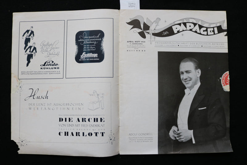 1938 APRIL DER PAPAGEI PROGRAMM ZEITSCHRIFT PROGRAM - GERMAN - K 2280