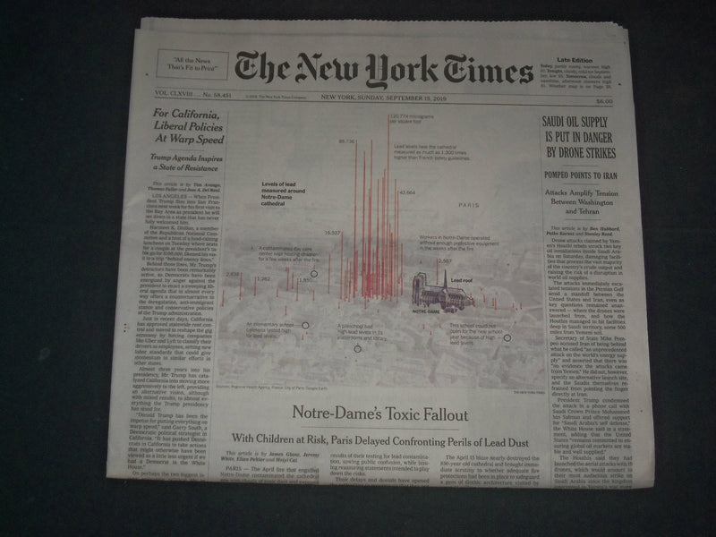 2019 SEPTEMBER 15 NEW YORK TIMES - SAUDI OIL SUPPLY IN DANGER BY DRONE STRIKES