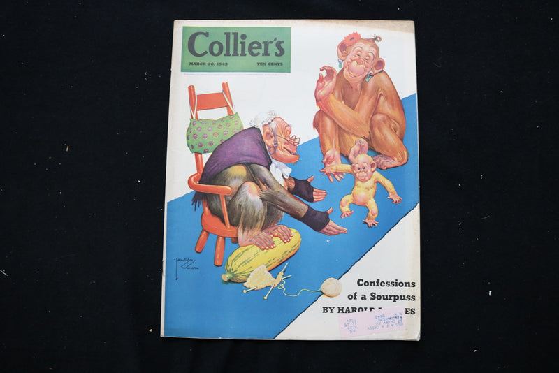 1943 MARCH 20 COLLIER'S MAGAZINE - A FAMILY OF MONKEYS COVER - E 11053
