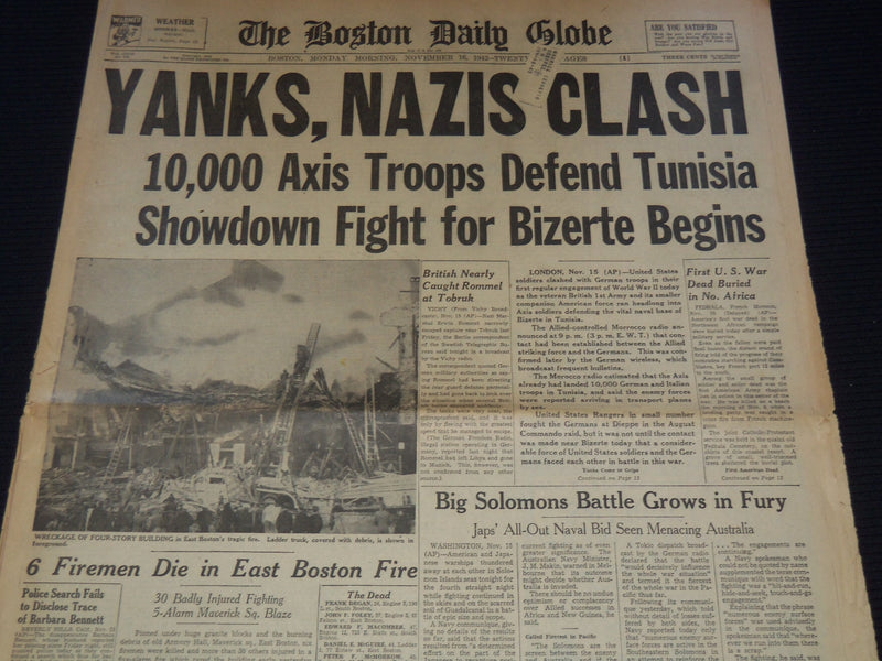 1942 NOVEMBER 16 BOSTON DAILY GLOBE NEWSPAPER - YANKS-NAZIS CLASH - NT 9461